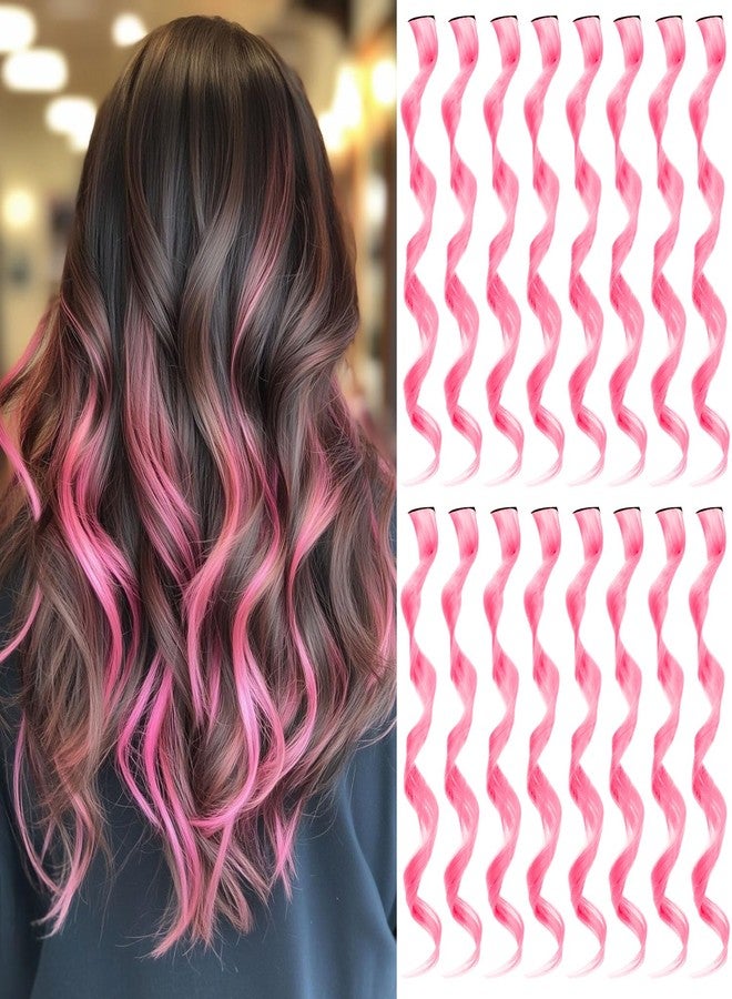 TOFAFA 16 Pcs Pink Hair Extensions Curly Wavy Clip in Synthetic Hair Extensions,Colorful Party Highlights Hairpiece Streak for Women Girls Cosplay Party Gift(Pink) - Image 1