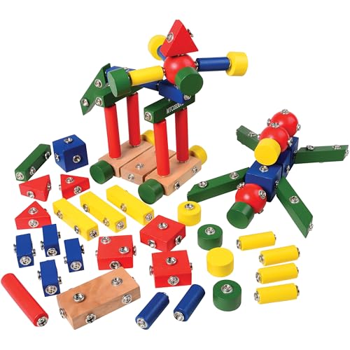 Constructive Playthings Childrens Snap N Play Building Blocks for Toddlers 35 Years with Drawstring Bag for Block Storage STEM Toys Durable Hardwood Manipulatives Multicolor 65 pcs - Image 1