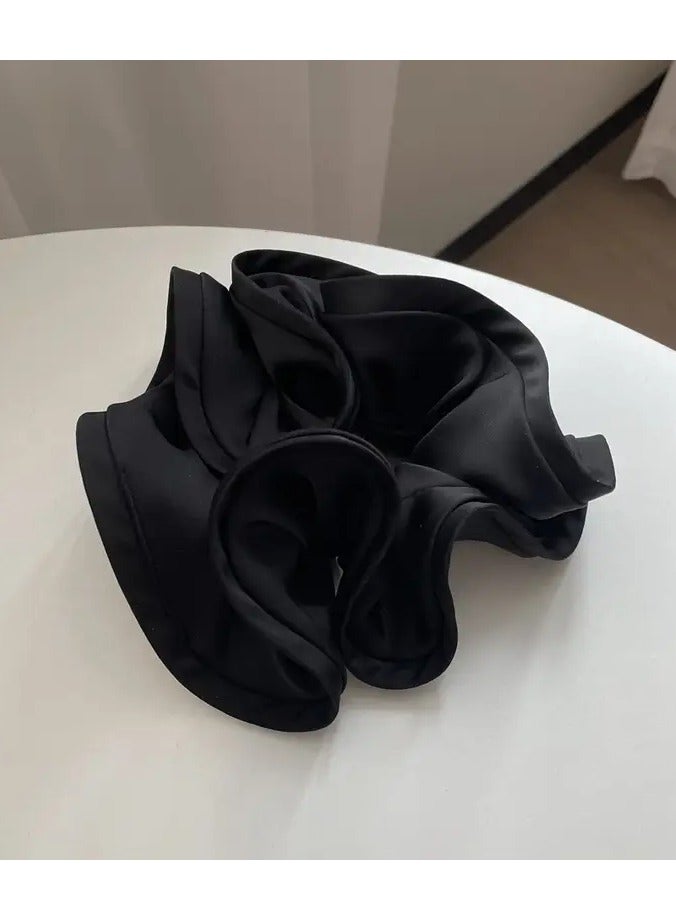 Rozino 4 PCS [Cozy Charm] Elegant French Design Satin Hair Scrunchies - Ruffled Edge Elastic Bands for Women, Minimalist Solid Color Hair Ties (Black, Beige, Brown) - 15cm Diameter, Soft Fabric Material, Stylish Hair Accessories, Cute Hair Accessories - Image 4