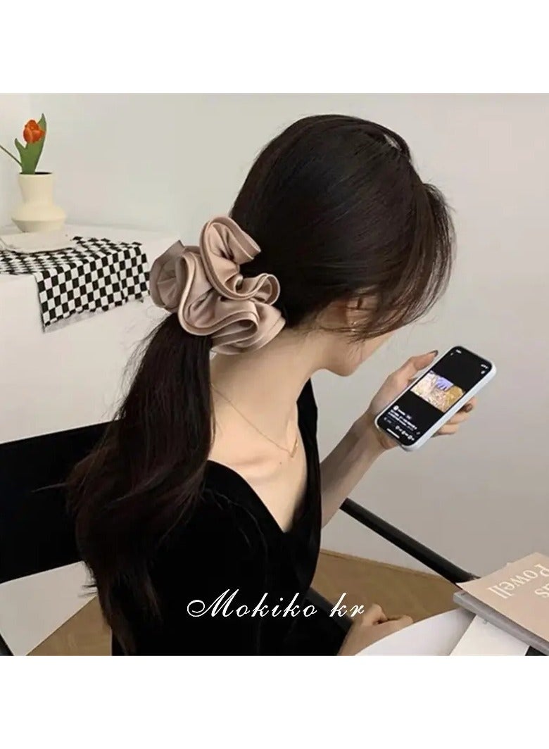 Rozino 4 PCS [Cozy Charm] Elegant French Design Satin Hair Scrunchies - Ruffled Edge Elastic Bands for Women, Minimalist Solid Color Hair Ties (Black, Beige, Brown) - 15cm Diameter, Soft Fabric Material, Stylish Hair Accessories, Cute Hair Accessories - Image 5