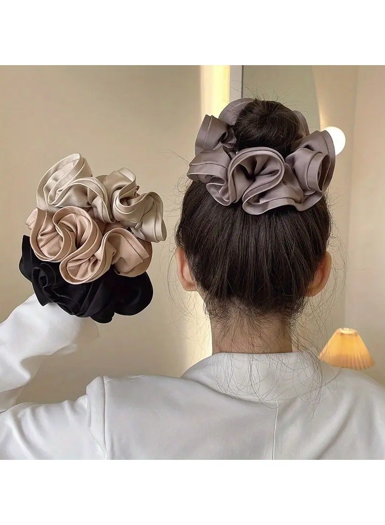 Rozino 4 PCS [Cozy Charm] Elegant French Design Satin Hair Scrunchies - Ruffled Edge Elastic Bands for Women, Minimalist Solid Color Hair Ties (Black, Beige, Brown) - 15cm Diameter, Soft Fabric Material, Stylish Hair Accessories, Cute Hair Accessories - Image 1