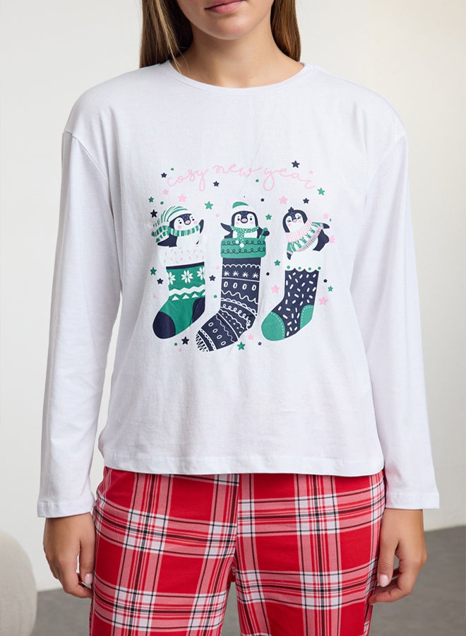 trendyol White-Multicolored 100% Cotton Winter Themed Plaid Knitted Pajama Set - Image 4