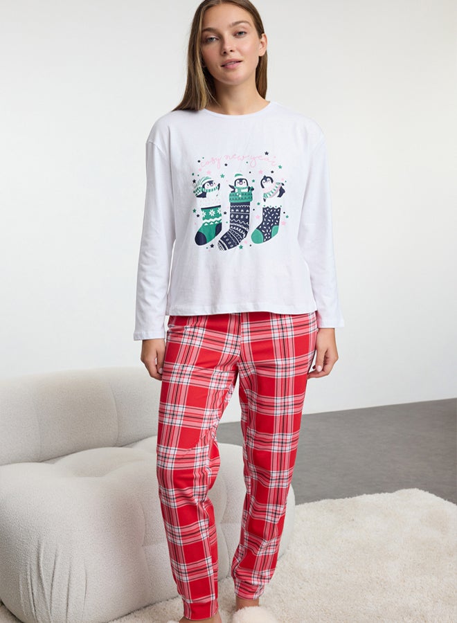 trendyol White-Multicolored 100% Cotton Winter Themed Plaid Knitted Pajama Set - Image 2