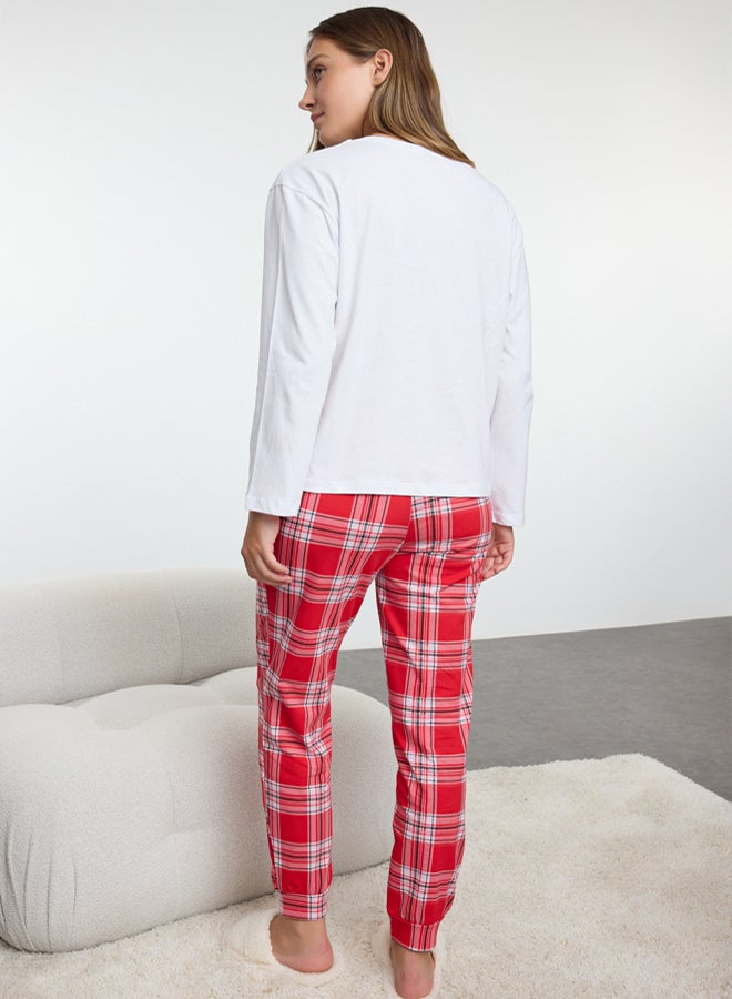 trendyol White-Multicolored 100% Cotton Winter Themed Plaid Knitted Pajama Set - Image 5