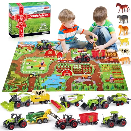 Oriate Farm Tractor Toys Vehicle with Animals  Activity Play Mat 38Pcs Educational Realistic Kids DIY Diecast Set Kids Tractors Trailer Sprayer Cow Animal Toy Birthday Gift - Image 1