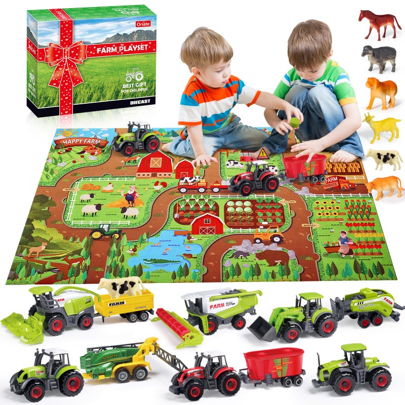 Oriate Farm Tractor Toys Vehicle with Animals  Activity Play Mat 38Pcs Educational Realistic Kids DIY Diecast Set Kids Tractors Trailer Sprayer Cow Animal Toy Birthday Gift - Image 2