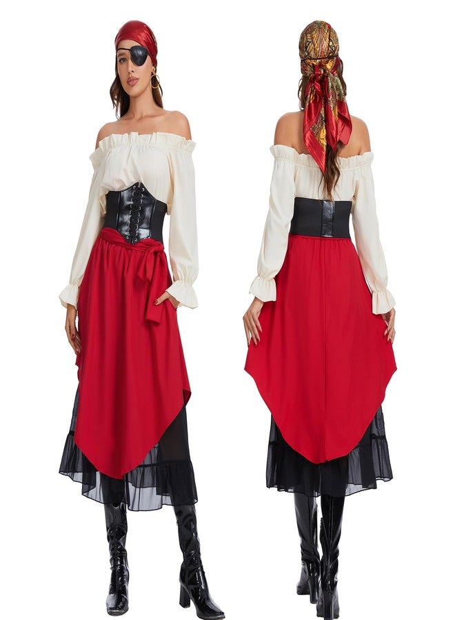 Prebene 7 Pcs Halloween Womens Pirate Costume Renaissance Pirate Blouse Tops Skirt Medieval Corset Belt Headscarf Eye Patch Outfit (Beige + Red, XXL) - Image 2