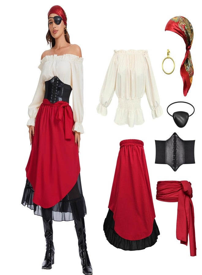 Prebene 7 Pcs Halloween Womens Pirate Costume Renaissance Pirate Blouse Tops Skirt Medieval Corset Belt Headscarf Eye Patch Outfit (Beige + Red, XXL) - Image 1