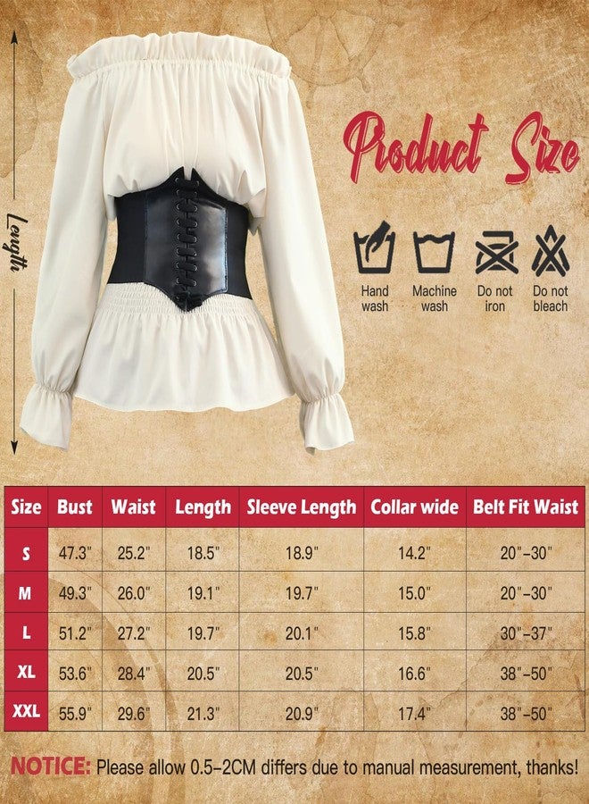 Prebene 7 Pcs Halloween Womens Pirate Costume Renaissance Pirate Blouse Tops Skirt Medieval Corset Belt Headscarf Eye Patch Outfit (Beige + Red, XXL) - Image 4