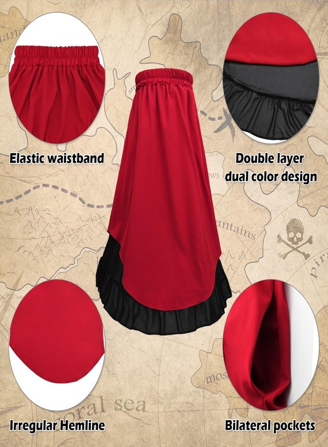 Prebene 7 Pcs Halloween Womens Pirate Costume Renaissance Pirate Blouse Tops Skirt Medieval Corset Belt Headscarf Eye Patch Outfit (Beige + Red, XXL) - Image 5