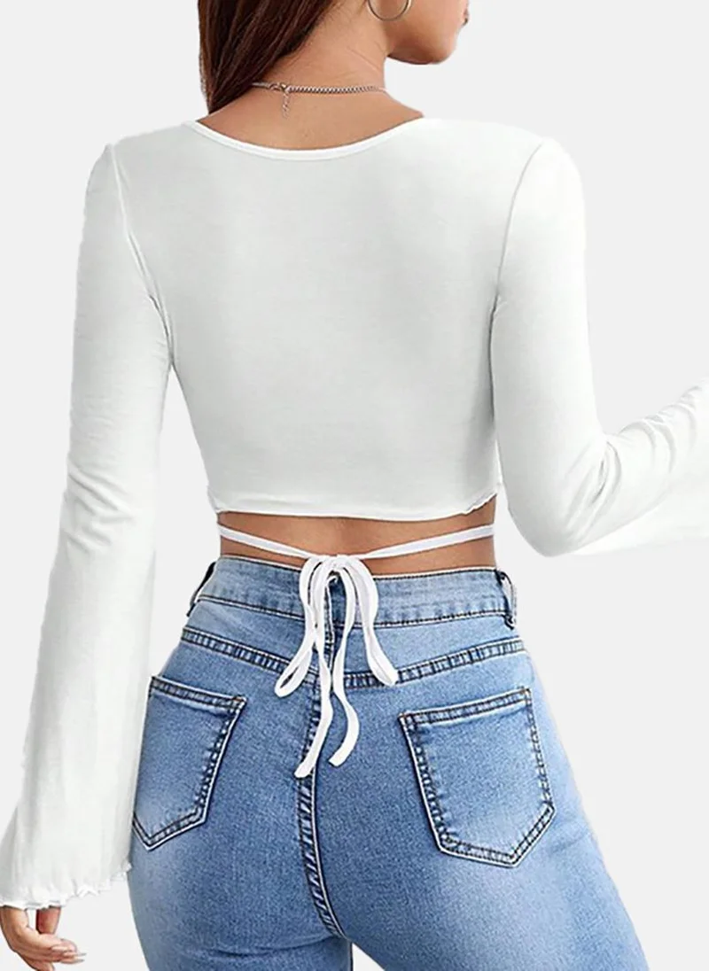 YUNIQEE White Solid Slim Fit Long Sleeve Top