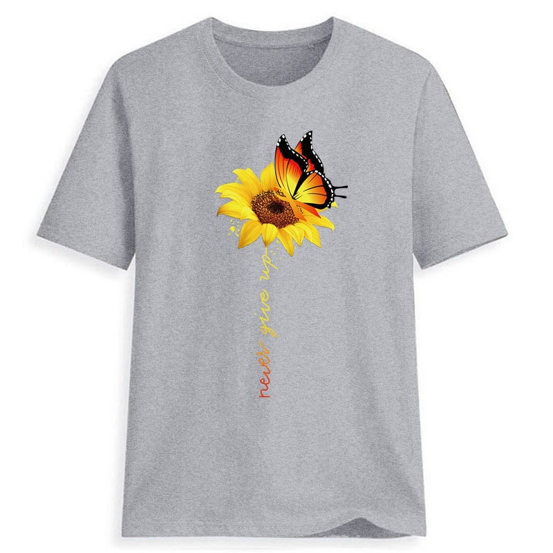 Butterfly Sunflower Sunflower Print Short Sleeve T-Shirt Explosive Foreign Trade One Drop Shipping Wish eBay gray L - Image 1