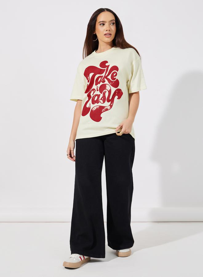 Styli Oversized Take It Easy Slogan T-Shirt  - Image 2