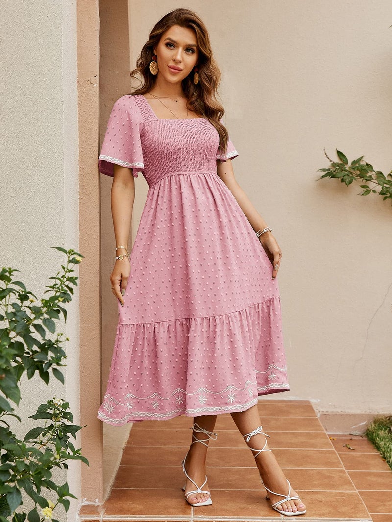 Glamaker Women's Short Sleeve Smocked Square Neck A Line Summer Flowy Midi Dress - Image 2