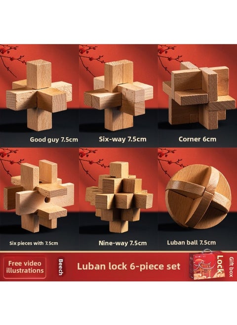 Luban Lock Kongming Lock Beech Wood Unlock Unleash Unleash Children's Educational Assembled Building Blocks Toys For Boys And Elementary School Students Cheap-Color:[selected Good Things] *Arrival Comes With A 6-piece Gift Box Set