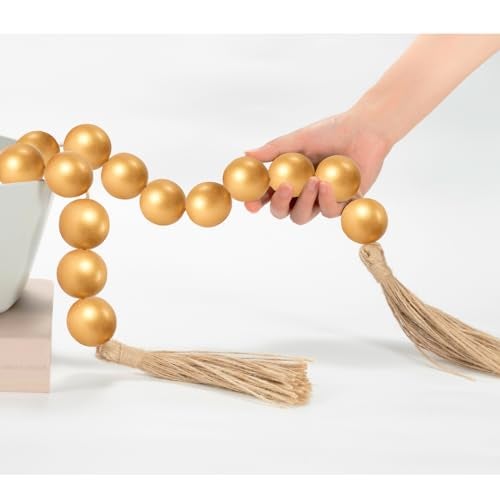 OMISHE 60" Long Extra Large Wood Bead Garland with 1.6" Diameter Wooden Beads and Tassels, Rustic Farmhouse Country Decorative Beads for Home Decor Tiered Tray Decor, Gold - Image 1