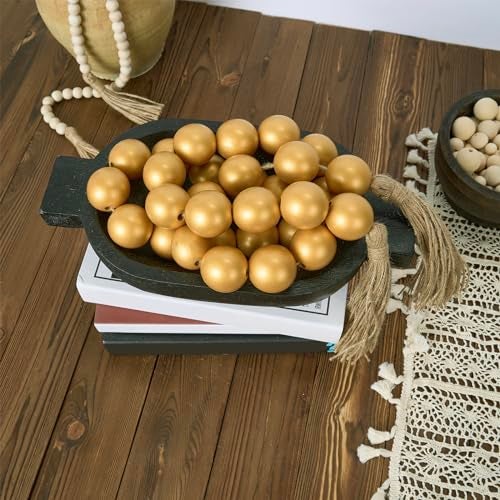 OMISHE 60" Long Extra Large Wood Bead Garland with 1.6" Diameter Wooden Beads and Tassels, Rustic Farmhouse Country Decorative Beads for Home Decor Tiered Tray Decor, Gold - Image 2