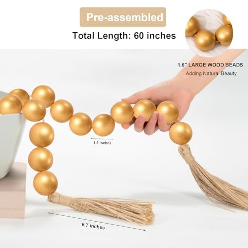OMISHE 60" Long Extra Large Wood Bead Garland with 1.6" Diameter Wooden Beads and Tassels, Rustic Farmhouse Country Decorative Beads for Home Decor Tiered Tray Decor, Gold - Image 4