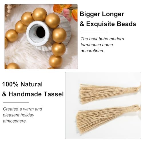 OMISHE 60" Long Extra Large Wood Bead Garland with 1.6" Diameter Wooden Beads and Tassels, Rustic Farmhouse Country Decorative Beads for Home Decor Tiered Tray Decor, Gold - Image 5