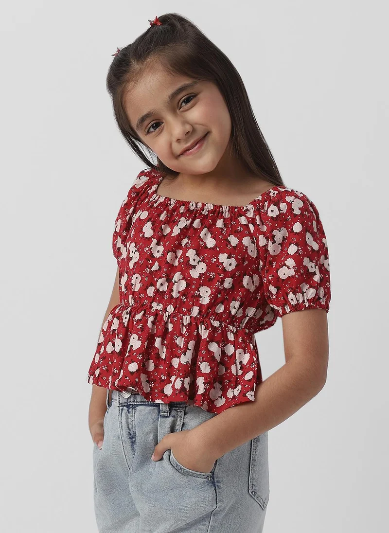Nautinati Nautinati Girls Floral Print Puff Sleeve Fit and Flare Top