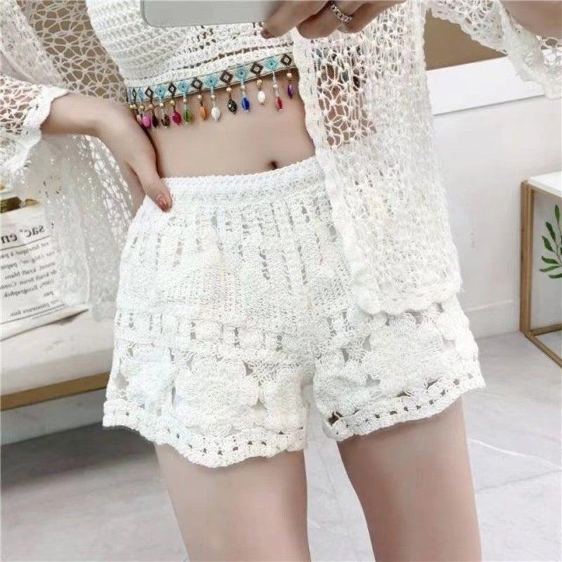 suit Cool Bohemian Ethnic Style Hollow Embroidery Knitted Womens Leisure Vacation Seaside Beach Sun Protection apricot Shorts - Image 2