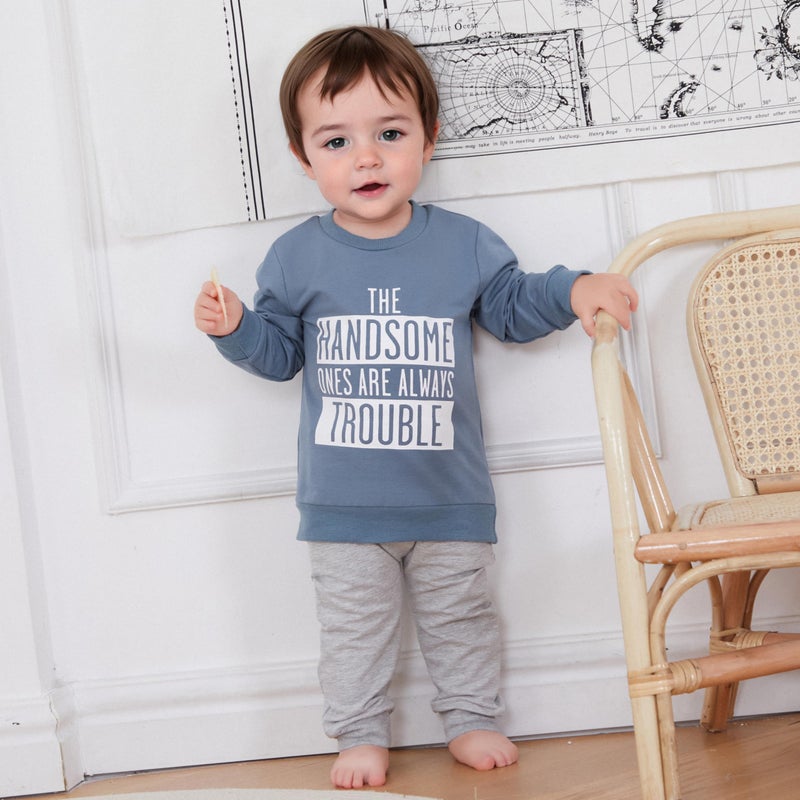 allshope Baby Boy Fall Clothes Set Long Sleeve Letter Print Sweatshirt Pants Toddler Infant Outfits 6 12 18 24 Months 2T (The Handsome Ones Are Always Trouble, 18-24 Months) - Image 2