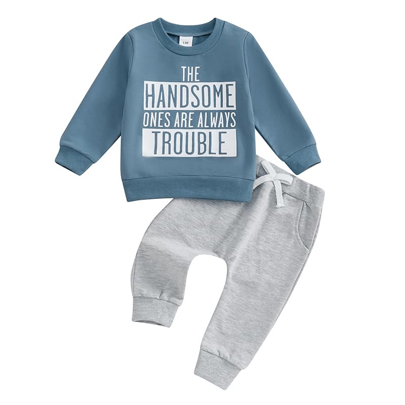 allshope Baby Boy Fall Clothes Set Long Sleeve Letter Print Sweatshirt Pants Toddler Infant Outfits 6 12 18 24 Months 2T (The Handsome Ones Are Always Trouble, 18-24 Months) - Image 1