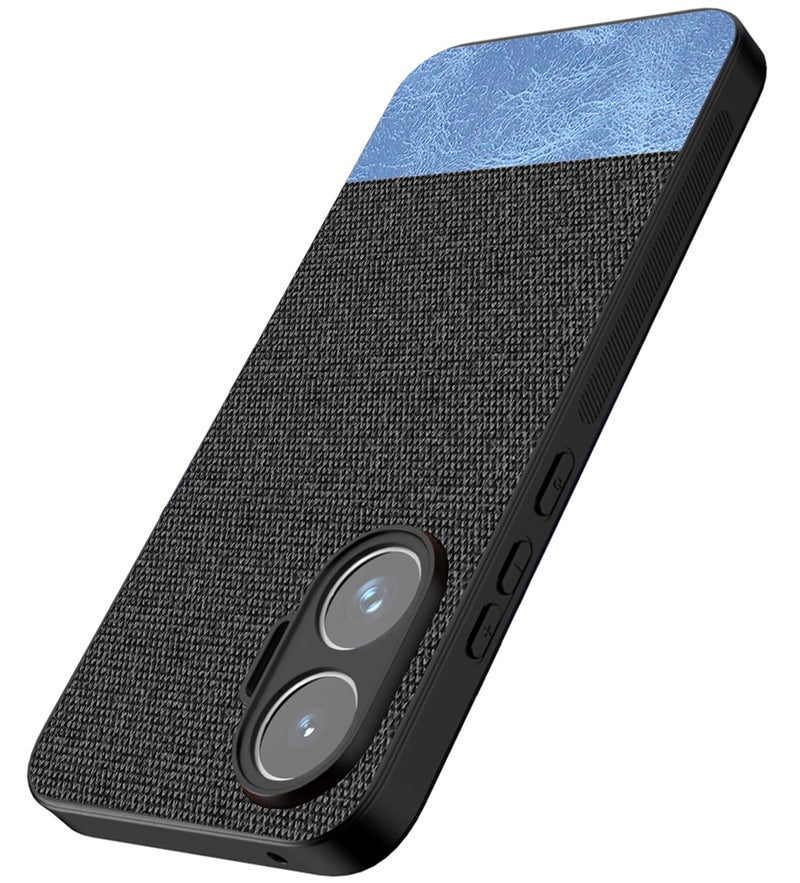 Kapa Soft Fabric & Leather Hybrid Protective Back Cover for Poco F7 5G | Shockproof Slim Hard Anti Slip Back Case (Black,Blue) - Image 1