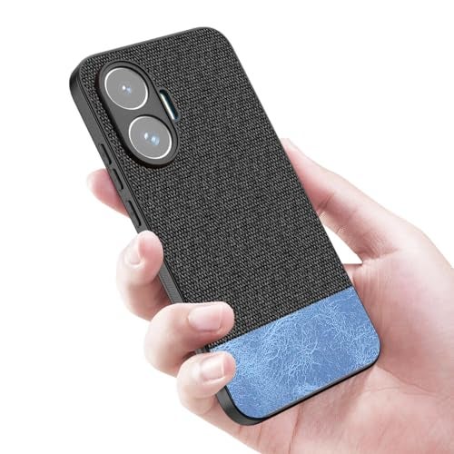 Kapa Soft Fabric & Leather Hybrid Protective Back Cover for Poco F7 5G | Shockproof Slim Hard Anti Slip Back Case (Black,Blue) - Image 4