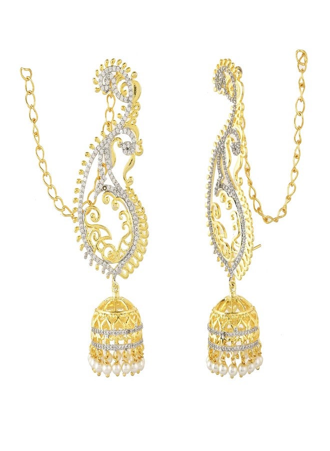 Voylla Alpana Majestic Paisley Jhumka Earrings for Women Gold Tone American Diamond Ethnic Paisley Jhumki Traditional Festive Jewellery Statement Earrings Gift for Women - Image 2
