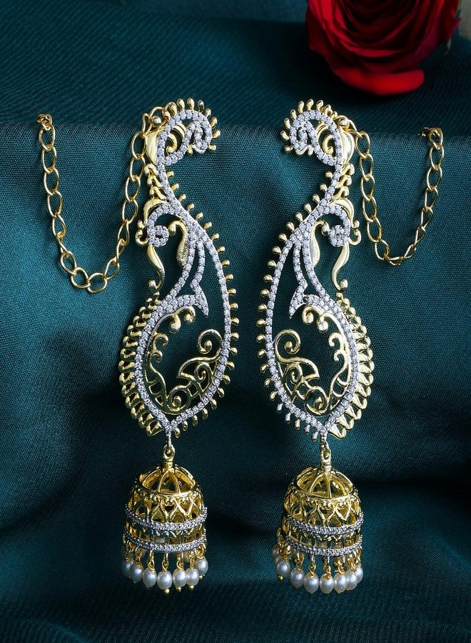 Voylla Alpana Majestic Paisley Jhumka Earrings for Women Gold Tone American Diamond Ethnic Paisley Jhumki Traditional Festive Jewellery Statement Earrings Gift for Women - Image 3