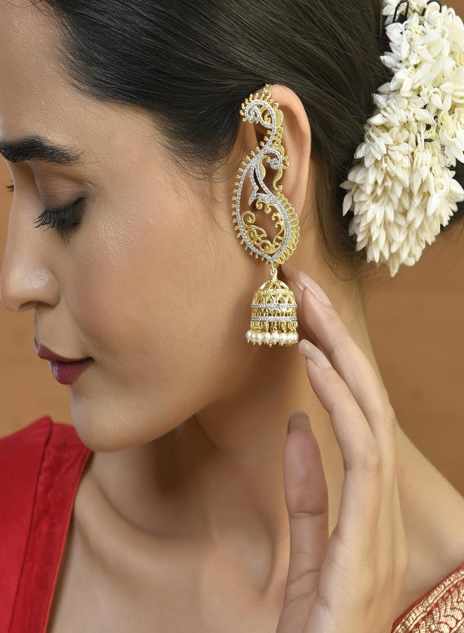 Voylla Alpana Majestic Paisley Jhumka Earrings for Women Gold Tone American Diamond Ethnic Paisley Jhumki Traditional Festive Jewellery Statement Earrings Gift for Women - Image 4