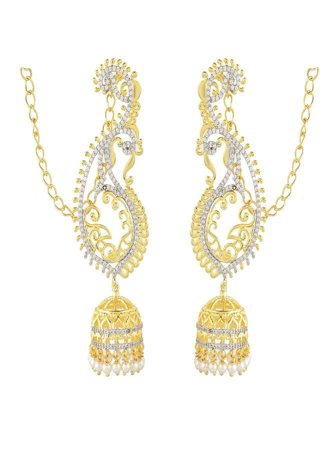 Voylla Alpana Majestic Paisley Jhumka Earrings for Women Gold Tone American Diamond Ethnic Paisley Jhumki Traditional Festive Jewellery Statement Earrings Gift for Women - Image 5