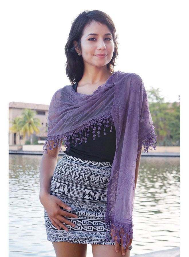 Tan's Women's lightweight Feminine lace teardrop fringe Lace Scarf Vintage Scarf Mesh Crochet Tassel Cotton Scarf for Women, Purple, One size - Image 3