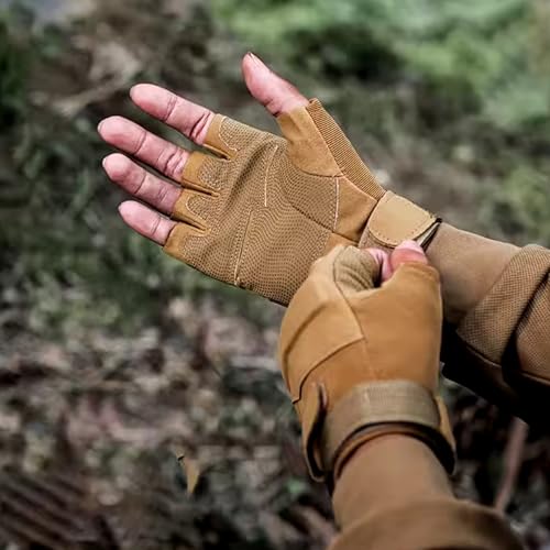 HHADEK Faux Leather Half Finger Tactical Gloves, Durable Fingerless Gloves for Cycling, Gym, Motorcycle Gloves, Training Gloves, Breathable Gloves, and Outdoor Activities (Khaki, XL) - Image 3