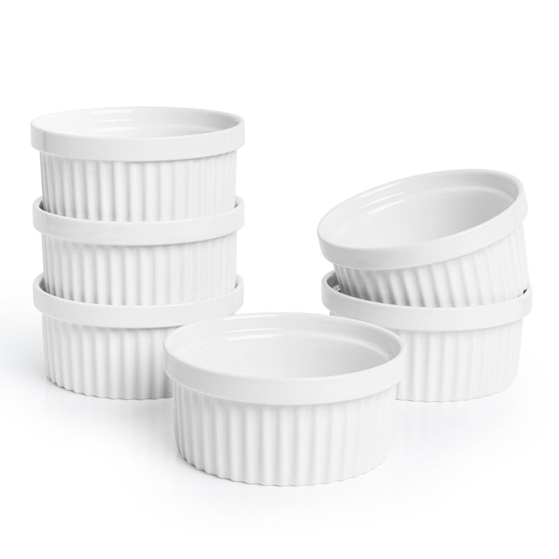 Sweese 12 oz Ramekins Set of 6 Creme Brulee Ramekins Oven Safe Porcelain Ramiken Set Souffle Dish Custard Cups for Baking and Ice Cream Bowl White