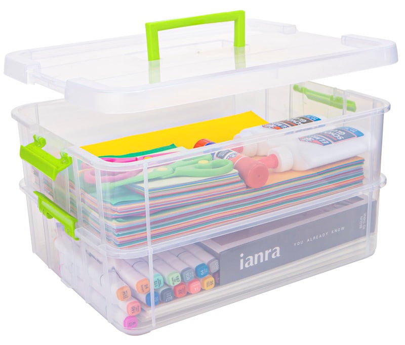 TERGOO 2 Layer Plastic Storage Containers with Lids, Multipurpose Clear Stack & Carry Box, Portable Craft Organizers and Storage Bin for Organizing Art & Craft, Sewing, Makeup, Nail Supplies (Green) - Image 1