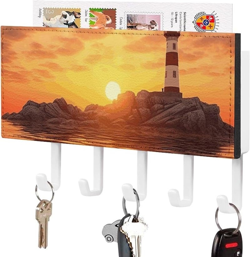 حامل مفتاح جدار منارة البحر عند غروب الشمس مع 5 خطافات منظم رف مفاتيح من جلد البولي يوريثان تخزين مدخل - Image 2