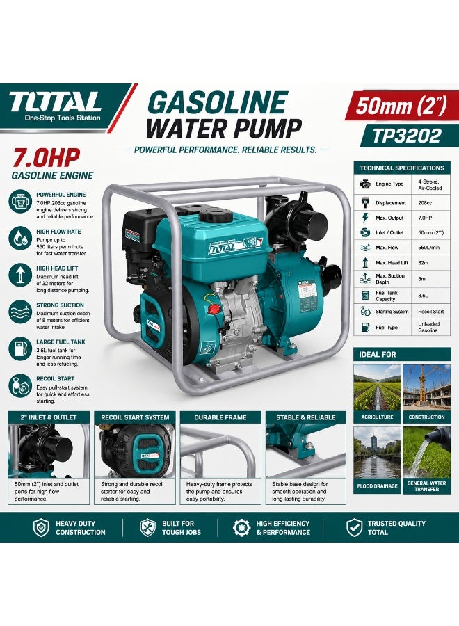 TOTAL Corded Gasoline Water Pump 7.0HP 2 Inch 550L/Min 32m Head Lift Recoil Start TP3202 - Image 4