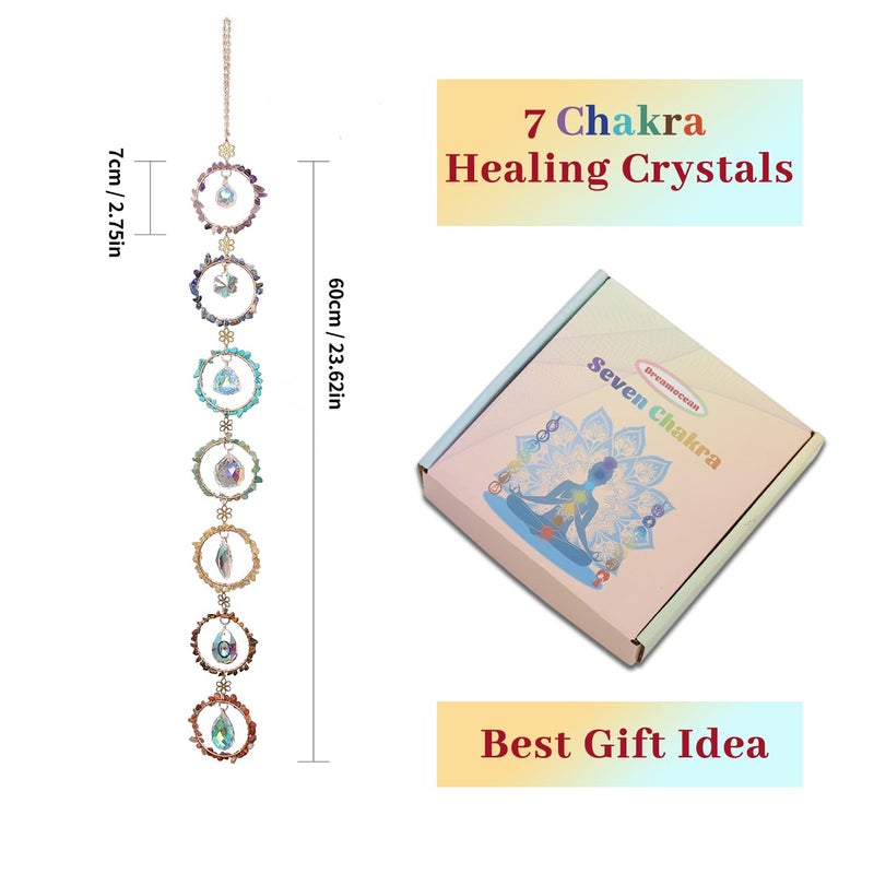 Dreamocean 7 Chakra Healing Crystals Hanging Ornament?Handmade Chakra Stones Sun Catcher Natrual Gemstone Window Wall Hanging Ornaments For Home Decor Yoga Meditation(Colorful Circle+Crystal) - Image 5