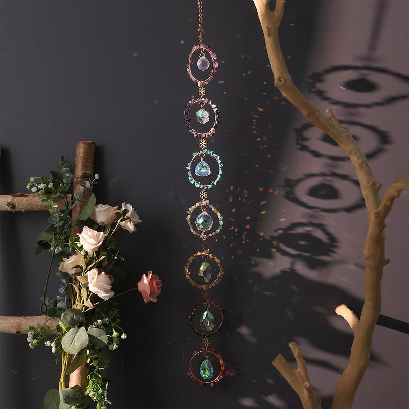 Dreamocean 7 Chakra Healing Crystals Hanging Ornament?Handmade Chakra Stones Sun Catcher Natrual Gemstone Window Wall Hanging Ornaments For Home Decor Yoga Meditation(Colorful Circle+Crystal) - Image 1