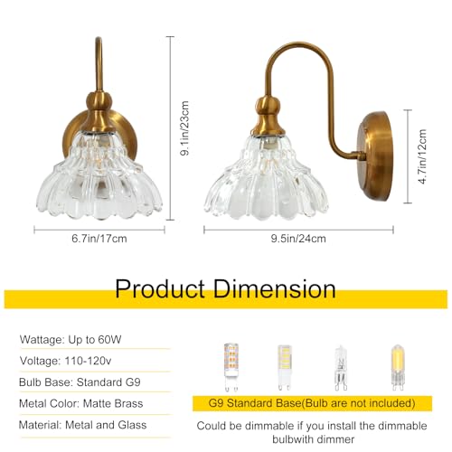 lobolighting Vintage Wall Sconce Set of 2 with Glass Shade Brass Sconces Gold Bathroom Vanity Light Fixtures Modern Wall Lighting Fixture for Bedroom Bedside Door Header - Image 3
