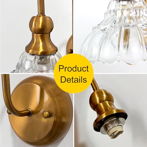 lobolighting Vintage Wall Sconce Set of 2 with Glass Shade Brass Sconces Gold Bathroom Vanity Light Fixtures Modern Wall Lighting Fixture for Bedroom Bedside Door Header - Image 4
