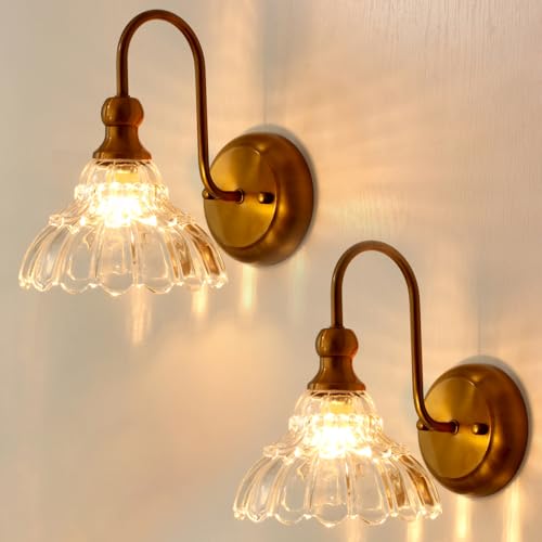lobolighting Vintage Wall Sconce Set of 2 with Glass Shade Brass Sconces Gold Bathroom Vanity Light Fixtures Modern Wall Lighting Fixture for Bedroom Bedside Door Header - Image 1