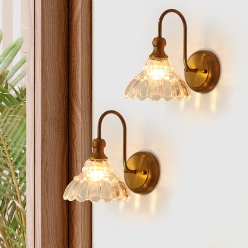 lobolighting Vintage Wall Sconce Set of 2 with Glass Shade Brass Sconces Gold Bathroom Vanity Light Fixtures Modern Wall Lighting Fixture for Bedroom Bedside Door Header - Image 2