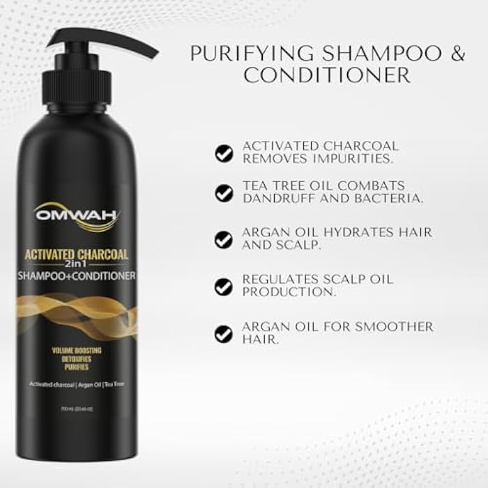 OMWAH 2 In 1 Shampoo + Conditioner Infused with Activated Charcoal, Argan Oil, and Tea Tree (23.66 oz) - Image 2