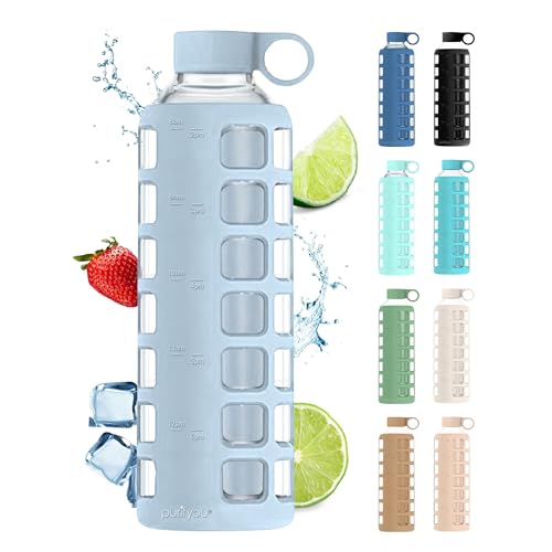 purifyou 40oz / 32oz / 22oz / 12oz Borosilicate Glass Water Bottle with Time & Volume Markers, Silicone Sleeve, Stainless Steel Lid | Reusable Glass Bottle for Water & Juice (32oz Ice Blue) - Image 1