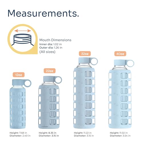 purifyou 40oz / 32oz / 22oz / 12oz Borosilicate Glass Water Bottle with Time & Volume Markers, Silicone Sleeve, Stainless Steel Lid | Reusable Glass Bottle for Water & Juice (32oz Ice Blue) - Image 2