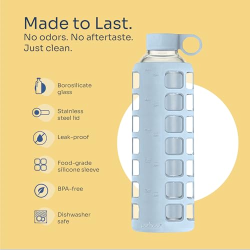 purifyou 40oz / 32oz / 22oz / 12oz Borosilicate Glass Water Bottle with Time & Volume Markers, Silicone Sleeve, Stainless Steel Lid | Reusable Glass Bottle for Water & Juice (32oz Ice Blue) - Image 4