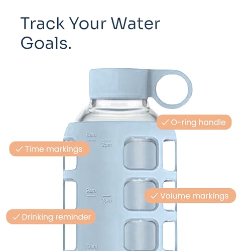 purifyou 40oz / 32oz / 22oz / 12oz Borosilicate Glass Water Bottle with Time & Volume Markers, Silicone Sleeve, Stainless Steel Lid | Reusable Glass Bottle for Water & Juice (32oz Ice Blue) - Image 3